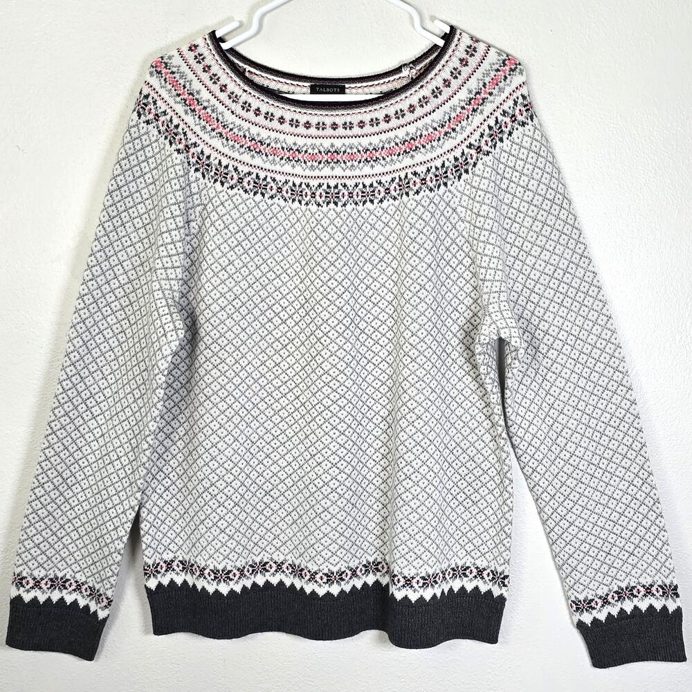Talbots Fair Isle Sweater Women's XL Coral Gray Lambswool Blend Nordic Scandi